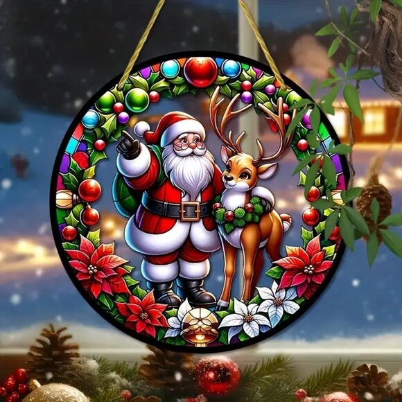Santa & Reindeer Suncatcher 6" Christmas Holiday Hanging Colorful Indoor Outdoor - Picture 1 of 3